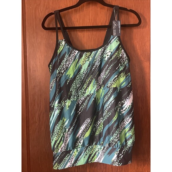 Summer Mae Women's Sz 16 Green Black White Straps Tankini Swim Top NWT - Picture 1 of 9